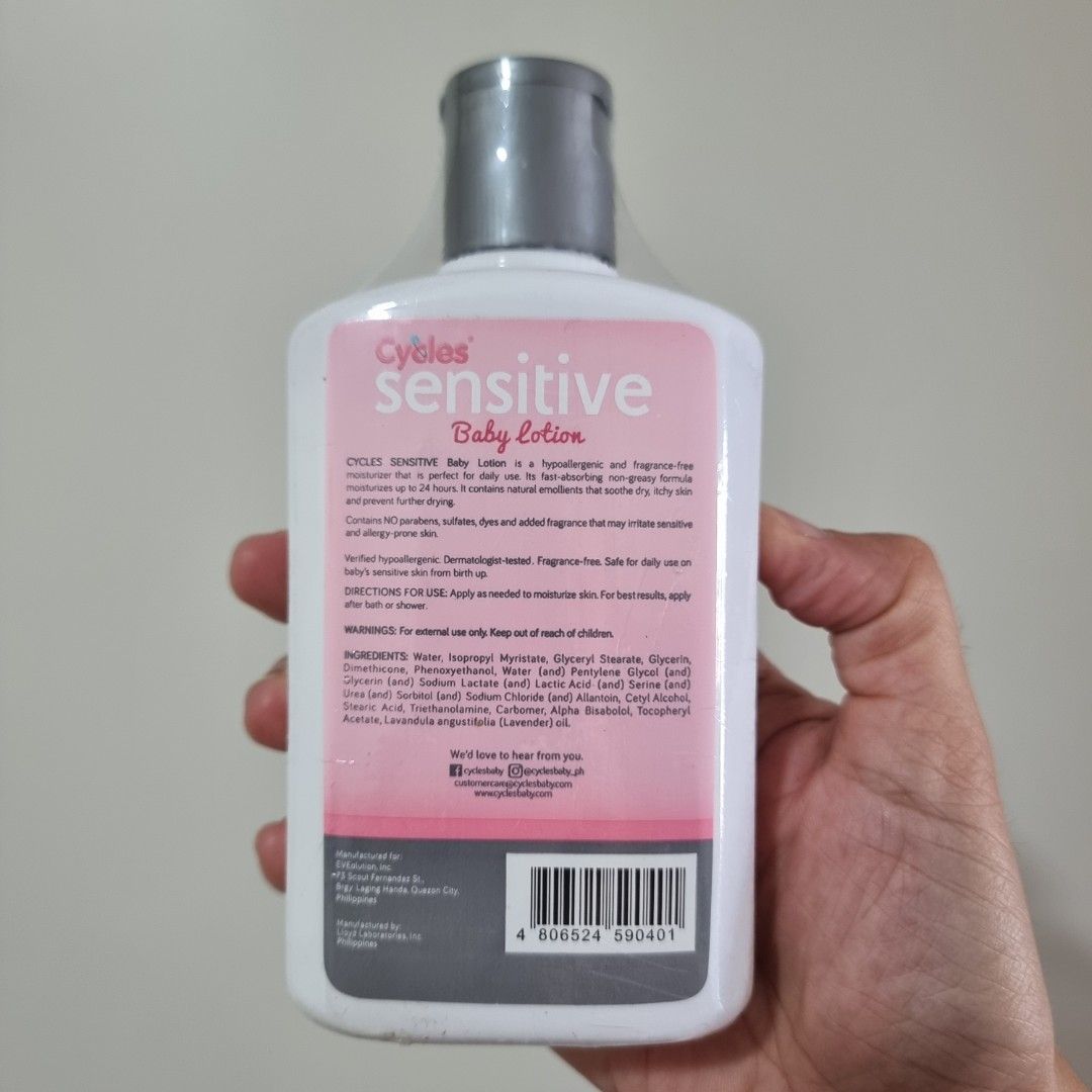 Cycles Sensitive Baby Lotion (250 ml) (Category: Baby Toiletries & Grooming) located in Pasig City. Submitted by lesmitch (Listing ID 1444325590, Image 2). Description: - Gentle formula for baby's delicate skin | Fragrance-free, hypoallergenic, and paraben-free |Dermatologist tested |Moisturizes for up to 24 hours ~ Check all photos for the item's actual condition and measurements ~ Payment is via gcash, pay maya or bdo ~ Shipping is via lalamove
