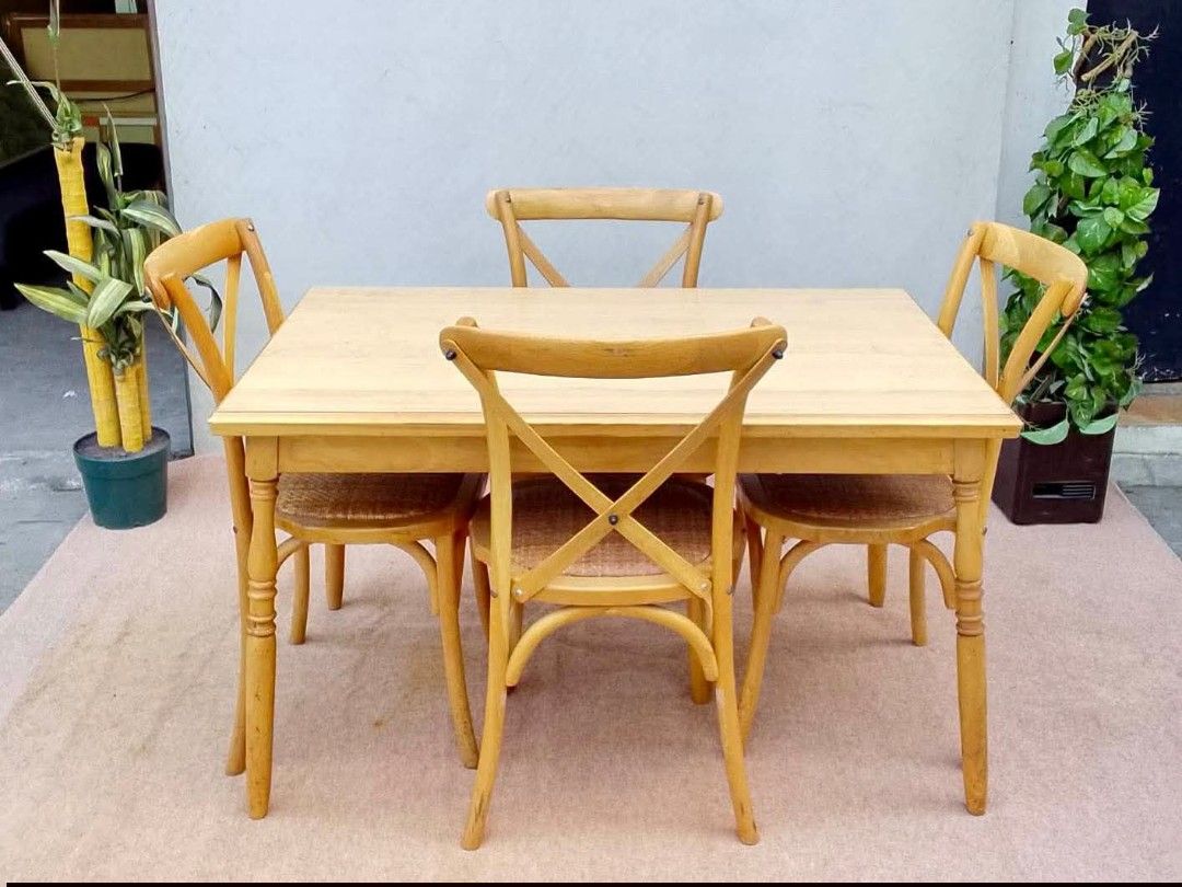 Dining Table (Category: Tables & Sets) located in Meycauayan. Submitted by marygracecasimiro (Listing ID 1444366409, Image 2). Description: Solid Wood Dining Set Cross Back Wooden Dining Chairs Php 15,900 set💜💜.
