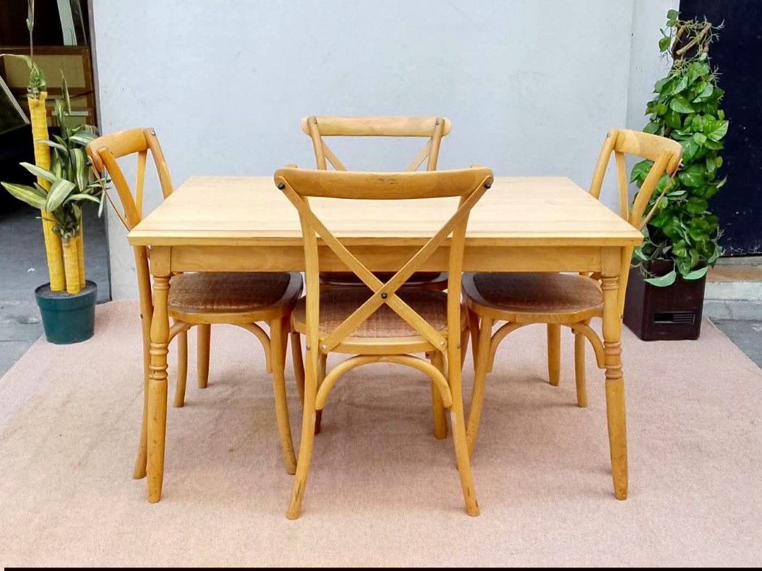 Dining Table (Category: Tables & Sets) located in Meycauayan. Submitted by marygracecasimiro (Listing ID 1444366409, Image 1). Description: Solid Wood Dining Set Cross Back Wooden Dining Chairs Php 15,900 set💜💜.