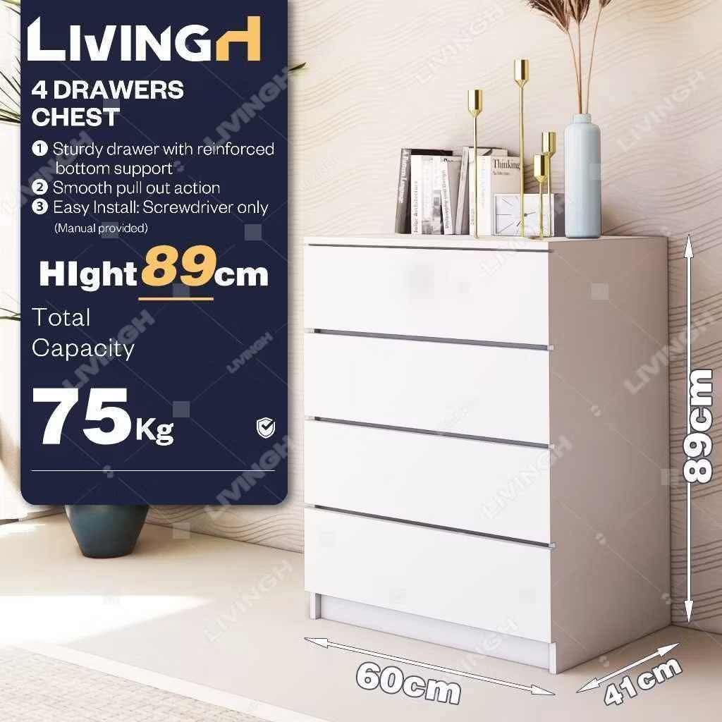 Dresser / Drawers (Category: Shelves, Cabinets & Racks) located in Taguig. Submitted by samlibao (Listing ID 1444380765, Image 3). Description: - White 4-drawer chest - Sturdy drawers with reinforced bottom support - Smooth pull-out action for easy access - Simple installation: only a screwdriver required - Dimensions: 89cm (Height) x 60cm (Width) x 41cm (Depth) - Total weight capacity: 75kg - Ideal for decluttering and organizing your space.