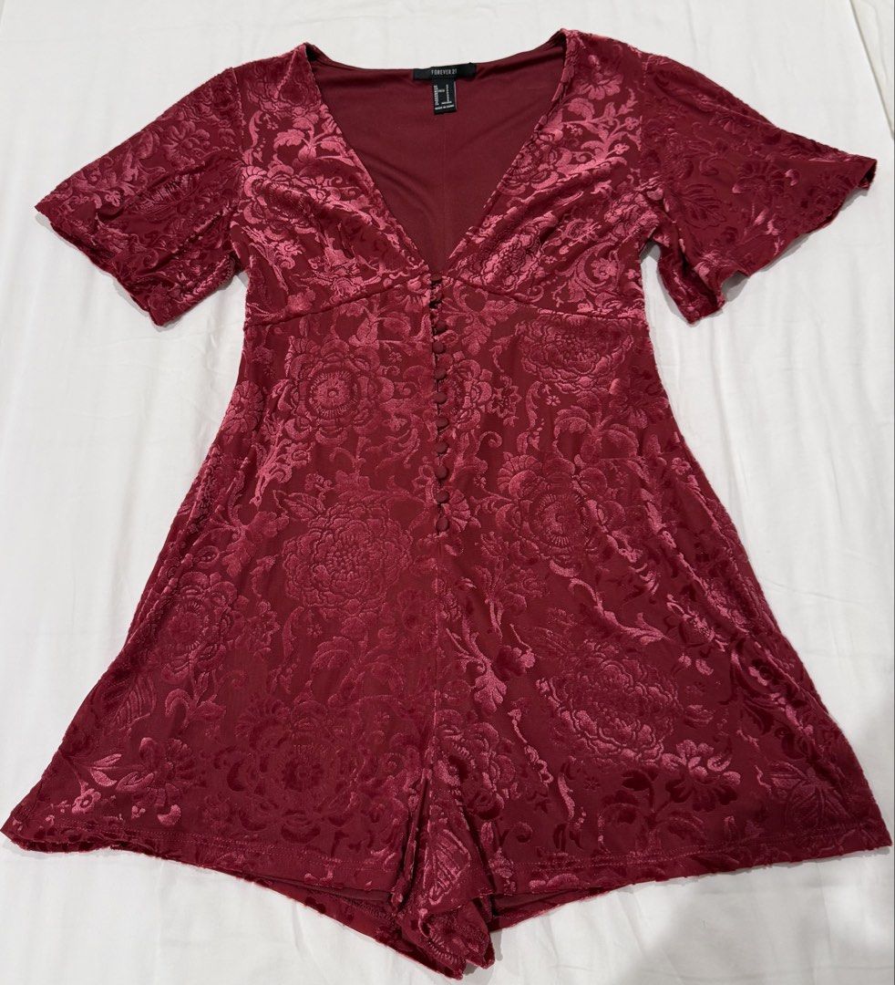 Forever 21 Velvet Burgundy Romper (Category: Rompers) located in San Juan City. Submitted by eunicezcloset (Listing ID 1444459782, Image 1). Description: - wore only once for a halloween party - has built in shorts - rfs: not my style anymore .