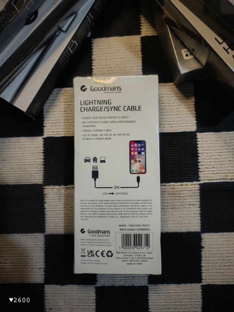 Goodmans Lightning charge/sync (Category: Chargers & Cables) located in Baguio. Submitted by 26_zerozero (Listing ID 1444491809, Image 2). Description: - Brand: Goodmans - Cable Type: Lightning Charge/Sync - Length: 2 meters - Compatibility: iPhone, iPad - Features: High speed power and data transfer - Condition: Brand new.