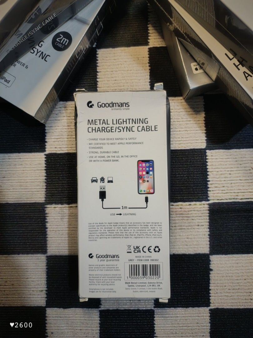 Goodmans metal lightning charge/sync cable (Category: Chargers & Cables) located in Baguio. Submitted by 26_zerozero (Listing ID 1444491599, Image 2). Description: - Brand: Goodmans - Type: Metal Lightning Charge/Sync Cable - Material: Metal braided cable for enhanced durability - Functionality: High-speed power and data transfer - Compatibility: iPhone, iPad, iPod - Feature: Super strong and durable design.