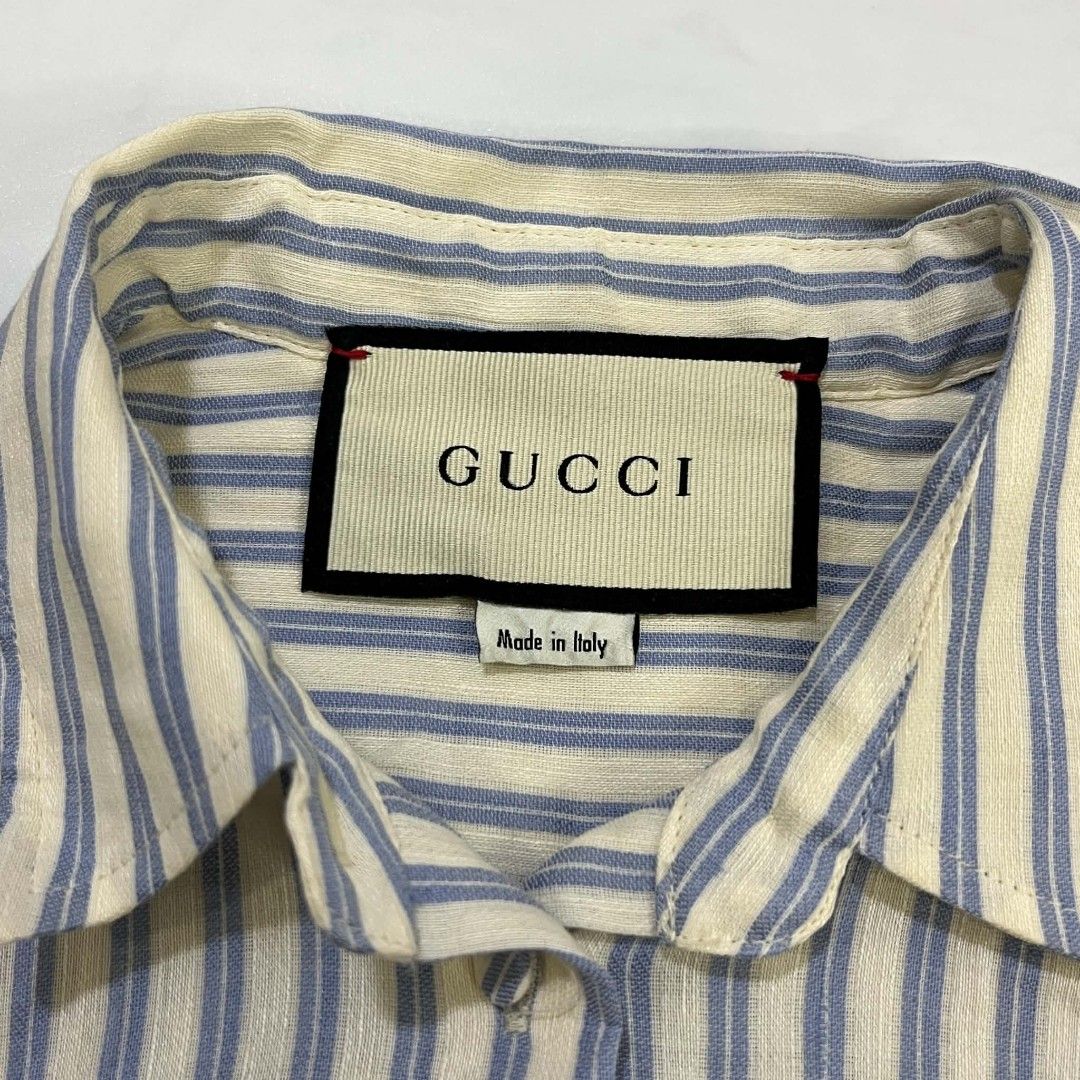 GUCCI STRIPED LINEN SHIRT (Category: Luxury Apparel) located in Bacolod City. Submitted by the.finest (Listing ID 1444481167, Image 3). Description: Gucci Striped Linen Shirt Cauliflower Embroidery - 3/4 Sleeves Tag Size: 42 Width: 18.5 Length: 20.5 front - 22 back 7,500+shipping fee.
