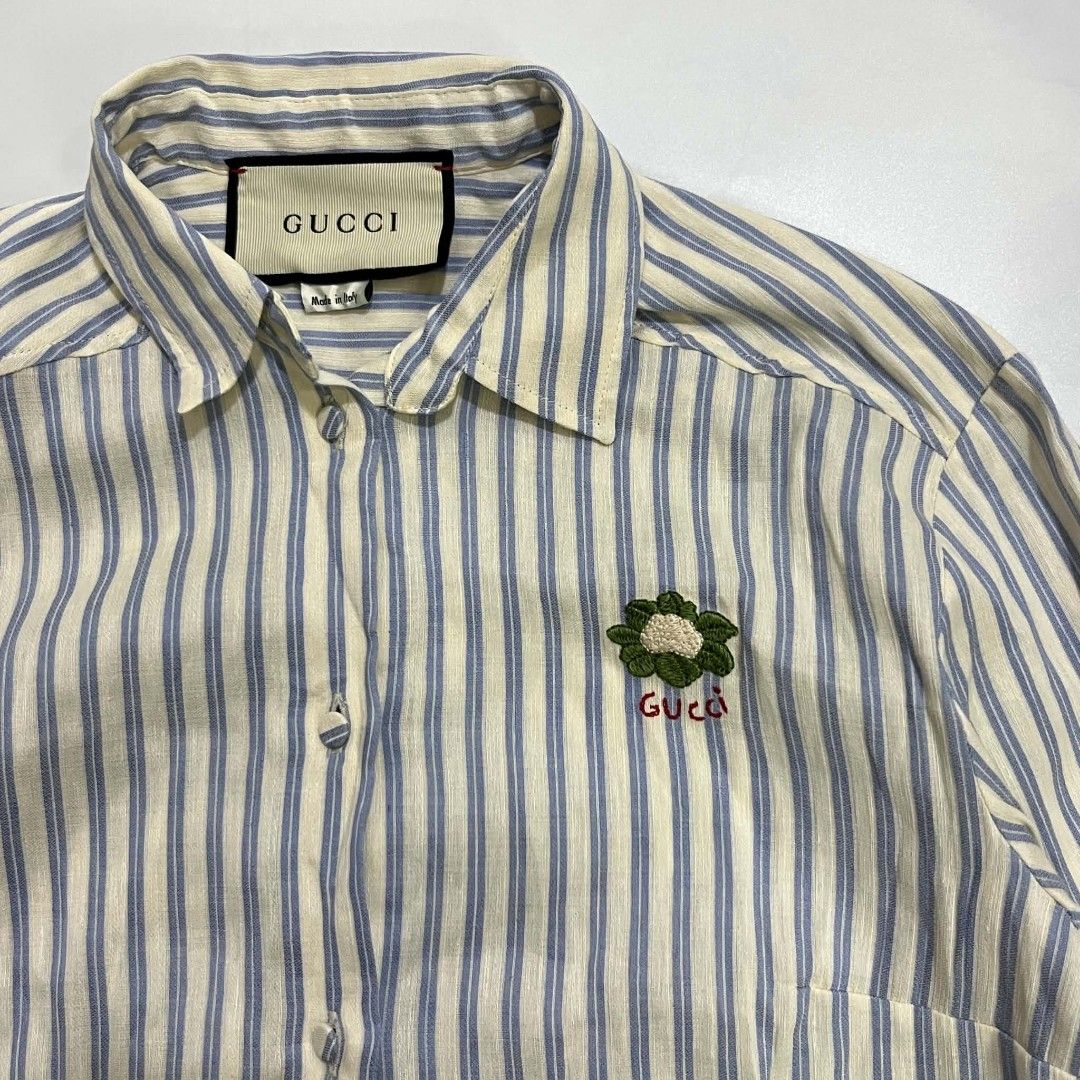 GUCCI STRIPED LINEN SHIRT (Category: Luxury Apparel) located in Bacolod City. Submitted by the.finest (Listing ID 1444481167, Image 2). Description: Gucci Striped Linen Shirt Cauliflower Embroidery - 3/4 Sleeves Tag Size: 42 Width: 18.5 Length: 20.5 front - 22 back 7,500+shipping fee.