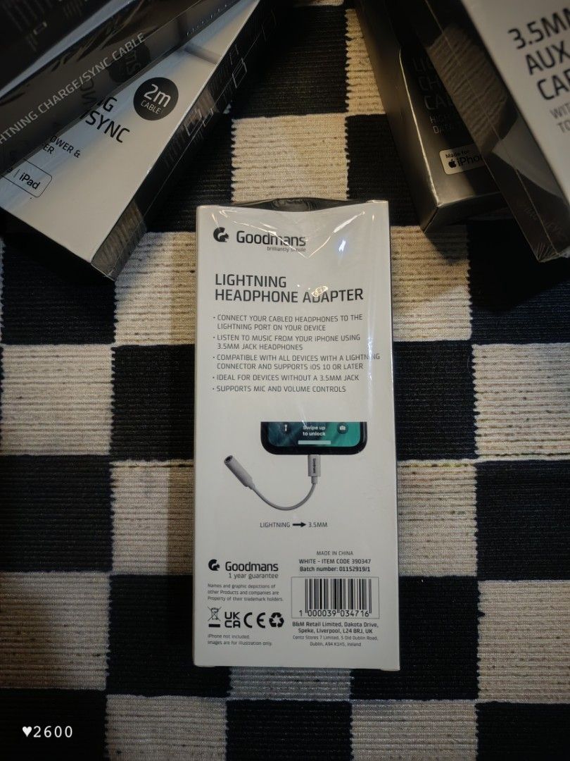 Headphone Adapter (Category: Batteries & Power Banks) located in Baguio. Submitted by 26_zerozero (Listing ID 1444491448, Image 2). Description: - Brand: Goodmans - Type: Lightning Headphone Adapter - Compatibility: iPhone, iPad - Functionality: Connects headphones, earphones, or speakers to your device's Lightning port. - Features: Supports microphone and volume controls. - Ideal for: Listening to music, taking calls, or using audio output on de