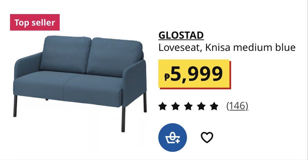 IKEA GLOSTAD Loveseat, Knisa medium blue (Category: Sofas) located in Manila. Submitted by goldenstar-83ba (Listing ID 1444432394, Image 3). Description: - IKEA GLOSTAD loveseat - Color: Knisa medium blue - Seats two comfortably - Ideal for small spaces - Reason for selling: Upgrade into sofa bed.