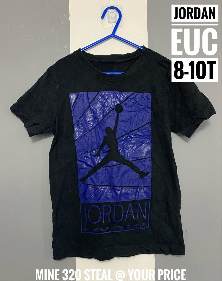 Jordan T-shirt EUC Size 8-10 Years (Category: Babies & Kids Fashion) located in Paranaque City. Submitted by shiney10 (Listing ID 1444420125, Image 1). Description: - Black Jordan t-shirt with cool blue graphic print - Features iconic Jumpman logo and 'Jordan' text - Perfect for young Jordan fans - Size: 8-10 years.
