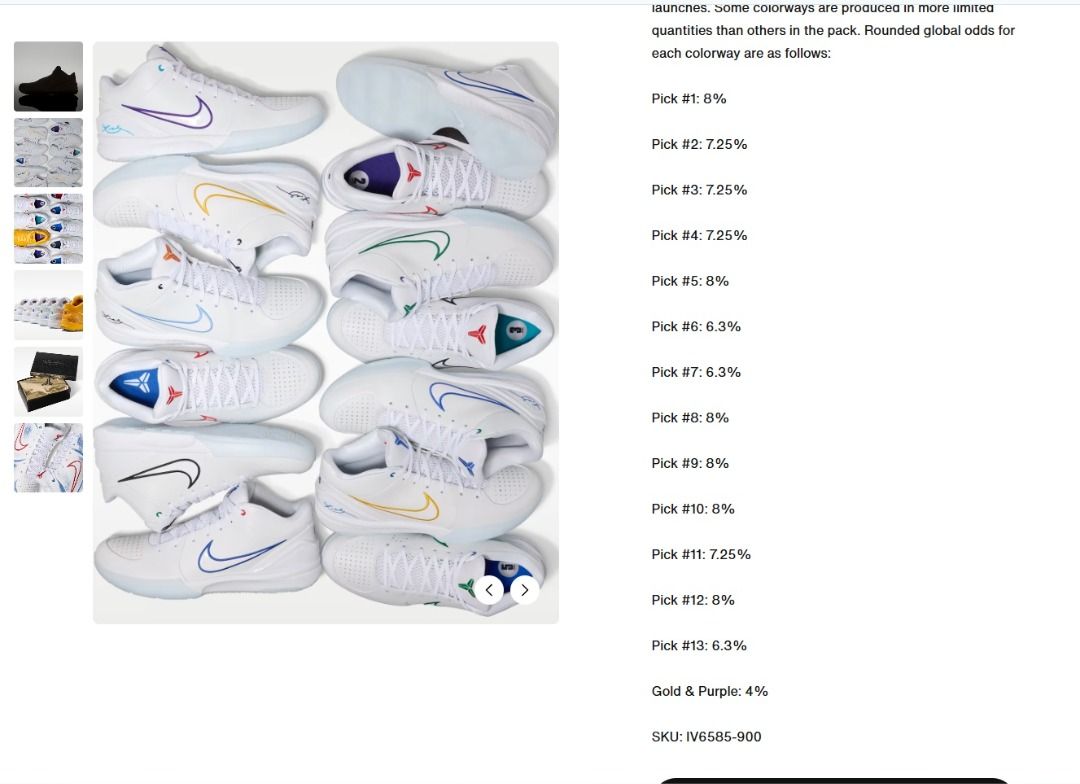 Kobe Protro 4 Draft Pack BLIND BOX RELEASE (Category: Sneakers) located in Pasig City. Submitted by legoerr (Listing ID 1444370556, Image 3). Description: WANT TO SELL Kobe 4 “Draft Day” Size 12 - 13,995 Size 13 - 14,495 Size 14(2) - 15,495 each Take all? Nego ofcourse With receipt On hand 06/26/26 Minimal downpayment for reservation of pair strictly DP Non refundable to avoid flaking Location Pasig JRS & LBC for shipping Grab Express/Lalamove if