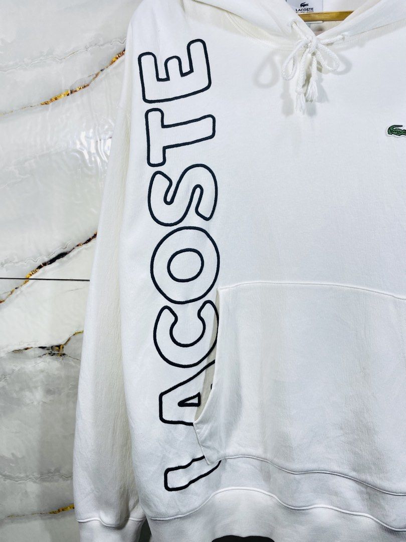 LACOSTE Big Logo Cream White Unisex (Category: Coats, Jackets and Outerwear) located in Davao. Submitted by preme89 (Listing ID 1444335466, Image 3). Description: LACOSTE Big Logo Cream White Unisex Hoodie Excellent Condition 10/10 Color rate Ganda nito😍 L28 W24 Medium .