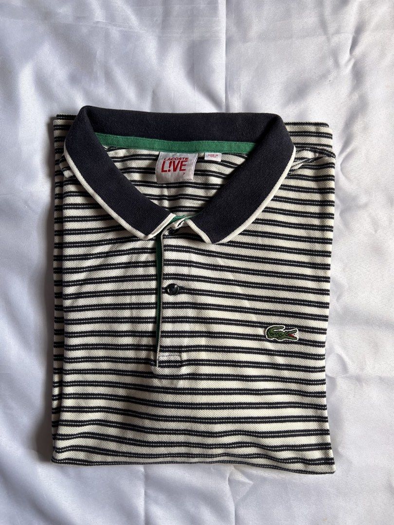 Lacoste Live Striped Polo Shirt (Category: Tshirts & Polo Shirts ) located in Pasay City. Submitted by angeeeende_ (Listing ID 1444493446, Image 1). Description: details: 🩷 original 🩷 classic striped polo shirt 🩷 good condition, no flaws 🩷size 7 on tag (double xl mens) dimensions: shoulder - 46inces width - 54inches length - 65inches ‼️ kindly wash before wearing ‼️.