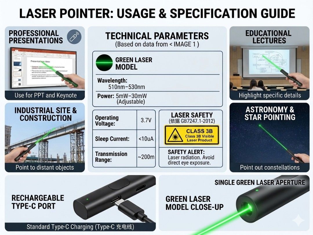 Laser Pointer (Presenter) (Category: Office & Business Technology) located in Singapore. Submitted by factoryshop (Listing ID 1444356212, Image 2). Description: ​Product Name: Single Laser Pointer (单激光笔) ​Transmission Range: Approx. 200m ​Operating Voltage: 3.7V ​Sleep Current: < 10uA ​Laser Wavelength: ​Green Light: 510nm–530nm ​Red Light: 630nm–670nm ​Laser Power: 5mW–30mW ​Charging Method: Type-C Charging Cable ​Safety Warning: Laser radiation