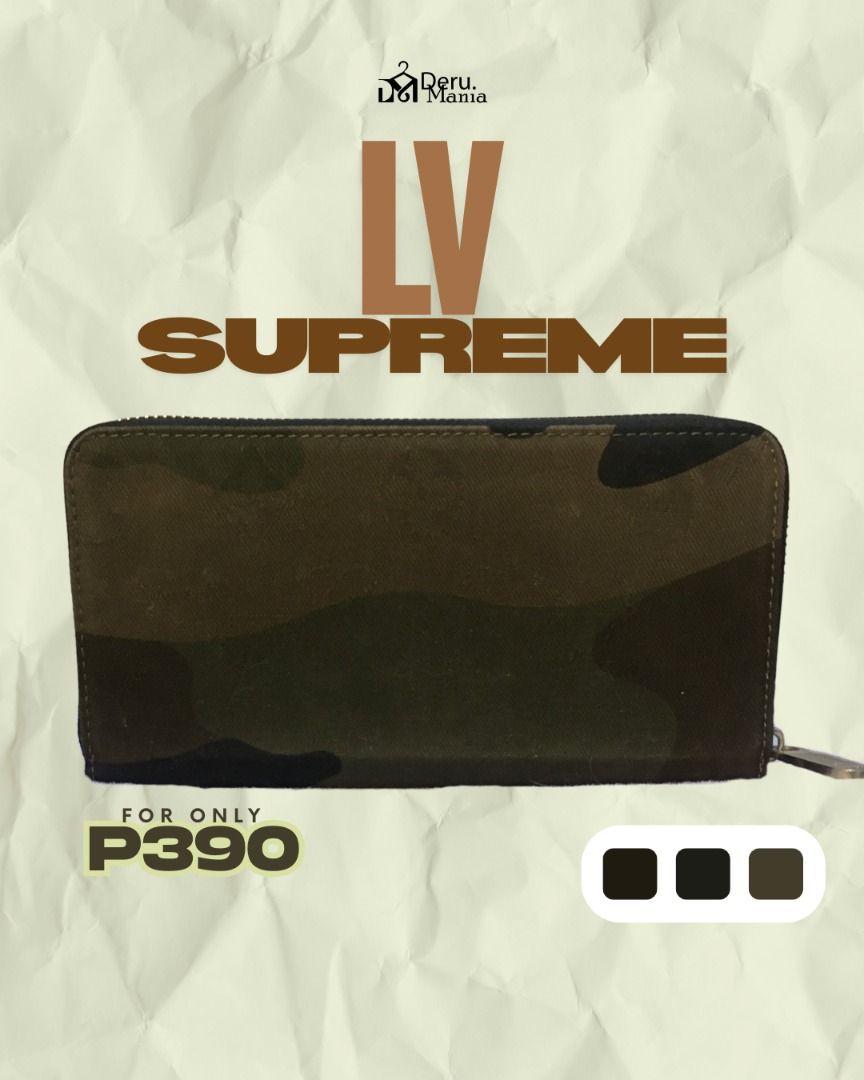 LV Supreme Wallet (W202511-00001) (Category: Luxury Bags & Wallets) located in Quezon City. Submitted by deru.maniaph (Listing ID 1444355441, Image 2). Description: - LV Supreme Wallet with stylish camo print - Multiple card slots and compartments for organization - Secure zipper closure to keep your essentials safe - Available in a selection of colors - Affordable price: Only P390! Disclaimer: Deru.mania is not affiliated with any brands posted 