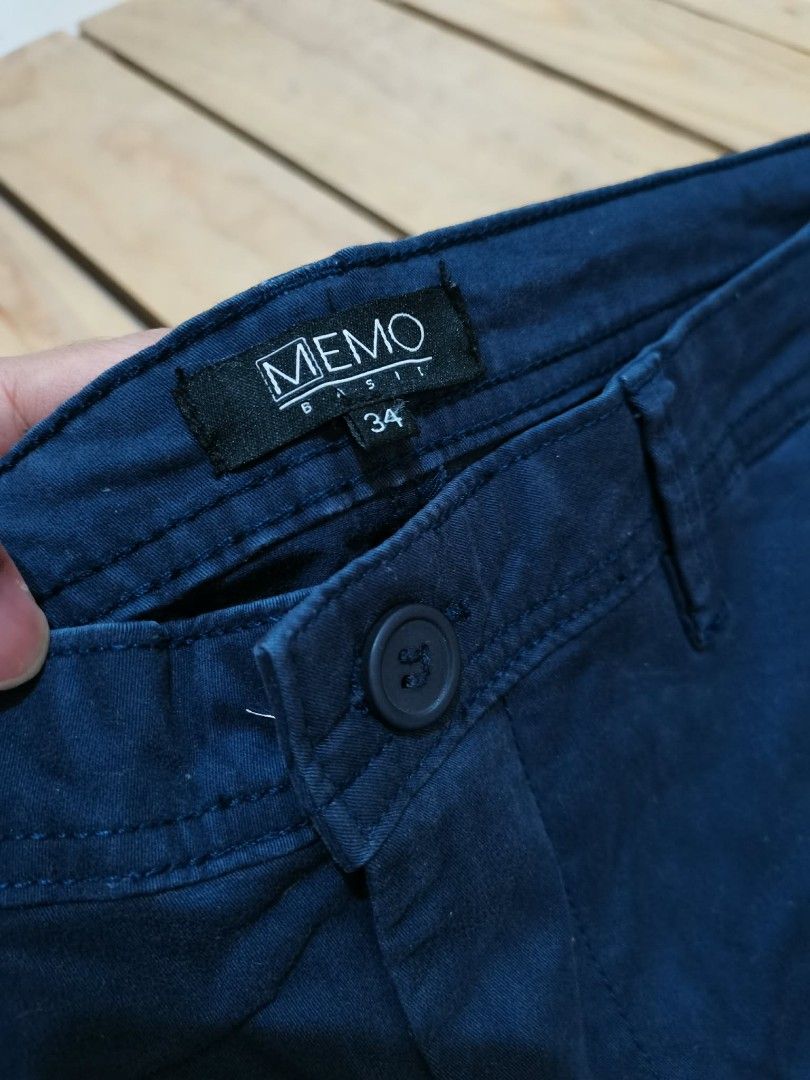MEMO BASIC Navy Blue Chinos Size 34 (Category: Chinos) located in Pasig City. Submitted by raindeclutters (Listing ID 1444324713, Image 2). Description: - MEMO BASIC navy blue chinos - Size: 34 - Fit: Classic - Style: Versatile for casual or smart casual wear - Closure: Button and zip - Pockets: Two side, two back - Material: Feels like a comfortable cotton blend - A great staple piece for any wardrobe *small discoloration as seen on photo *price