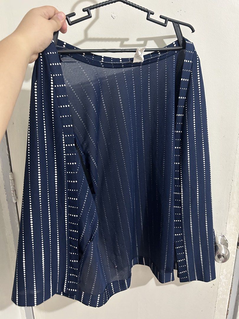 Navy Blue Striped Sheer Cardigan (Category: Coats, Jackets and Outerwear) located in Las Pinas. Submitted by jesuswasborn (Listing ID 1444342074, Image 1). Description: - Navy blue cardigan - White polka dot and stripe pattern - Sheer material - Open front design - Wide sleeves - Size 22 1/2 - 100% Polyester - Easy to layer over tops.