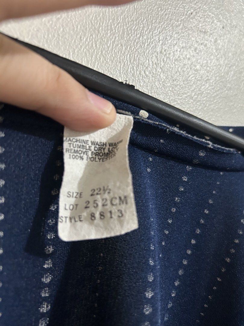 Navy Blue Striped Sheer Cardigan (Category: Coats, Jackets and Outerwear) located in Las Pinas. Submitted by jesuswasborn (Listing ID 1444342074, Image 2). Description: - Navy blue cardigan - White polka dot and stripe pattern - Sheer material - Open front design - Wide sleeves - Size 22 1/2 - 100% Polyester - Easy to layer over tops.