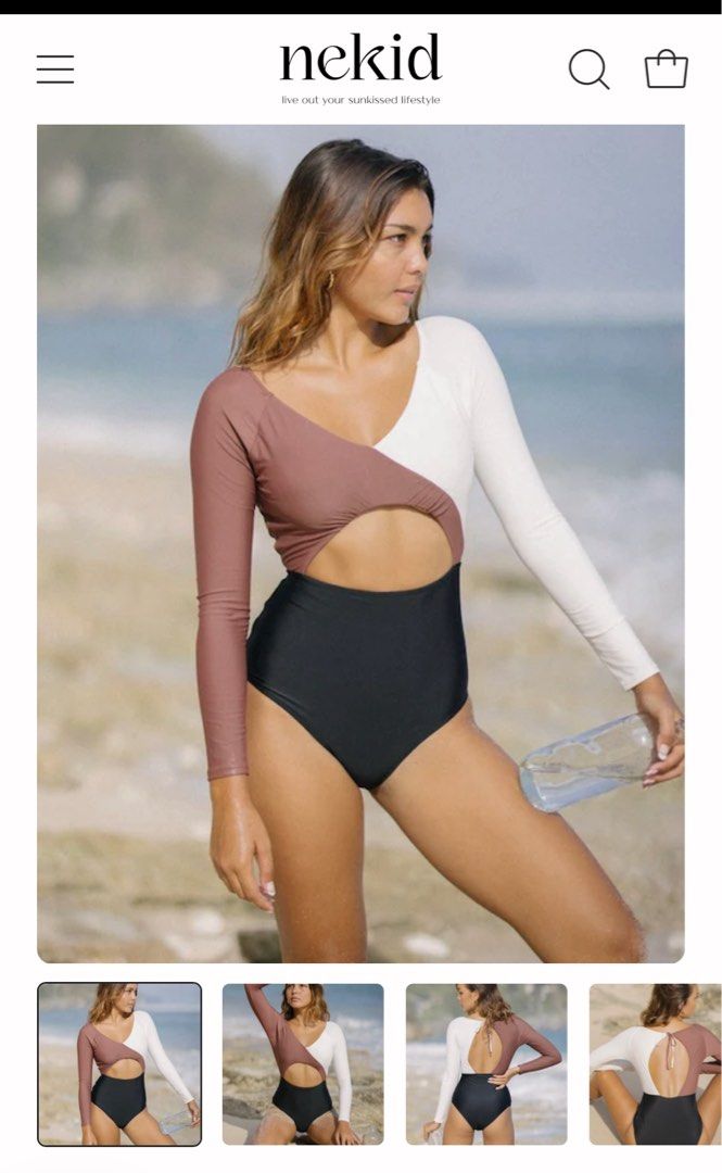 Nekid Long Sleeve One Piece Swimsuit (Category: Bikinis & Swimsuits) located in Antipolo. Submitted by hm_cyst (Listing ID 1444331734, Image 1). Description: - Brand: Nekid - Style: Long sleeve one-piece swimsuit - Design: Colorblock with white and mauve sleeves - Bottom: High-waisted black - Features: Open back with tie detail - Ideal for: Surfing, swimming - Benefits: Comfortable and stylish.