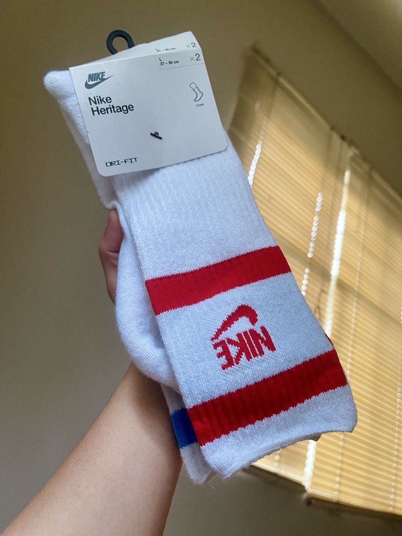 Nike Heritage Crew Socks (2 Pairs) (Category: Socks) located in Manila. Submitted by dual_time (Listing ID 1444347580, Image 2). Description: Nike Heritage Crew Socks 2 pairs (red and blue) Size: Large 27-30cm Location: Marikina Pay via Gcash Pick up via Grab or Lalamove Dm for inquiries.