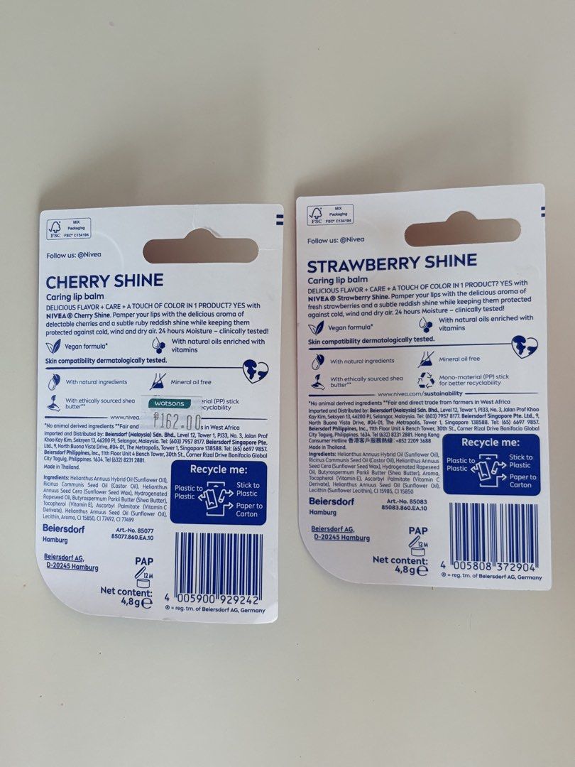 Nivea 24h Moisture Tinted Lip Balm SEALED (Category: Makeup) located in Paranaque City. Submitted by emmawtj (Listing ID 1444333651, Image 2). Description: Take both for 299 From Watsons Sealed and brand new.