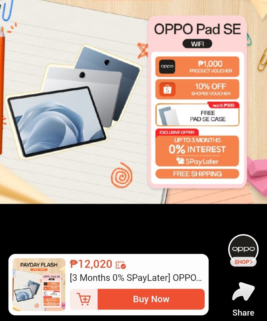 OPPO Pad SE WiFi with Free Pad SE Case (Category: Android) located in Caloocan City. Submitted by thermalgun_supplier (Listing ID 1444441815, Image 2). Description: - OPPO Pad SE WiFi - Includes a FREE Pad SE case - Ideal for kids with personalized Kids Mode and Safety Shield - Customize app permissions and internet access for a secure environment - Exclusive offer: Up to 3 months 0% interest with SPayLater - Enjoy FREE shipping.