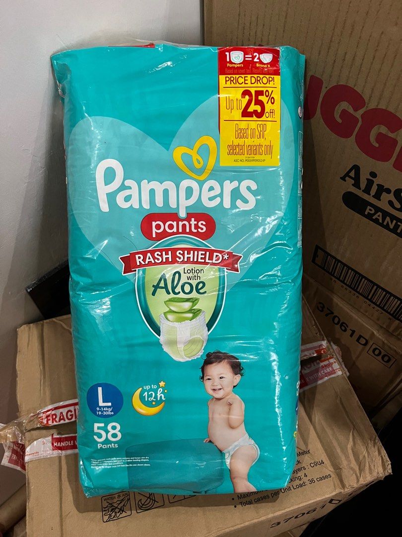 Pampers Aloe Pants (Category: Diapers & Baby Wipes) located in Tarlac. Submitted by deecm (Listing ID 1444403383, Image 1). Description: Large 58pcs 1 Pack Only.
