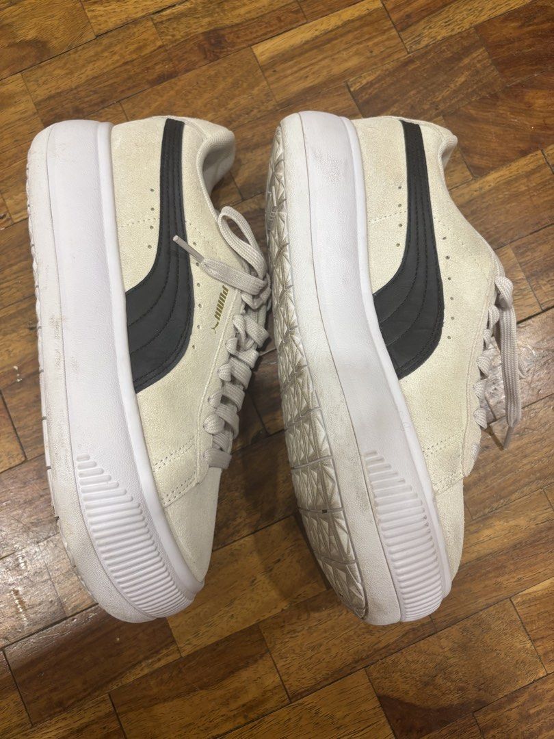 Puma Suede Platform Sneakers Beige Black Size 5 (Category: Sneakers) located in Paranaque City. Submitted by biancaboo (Listing ID 1444332604, Image 2). Description: - Puma Suede Platform Sneakers - Color: Beige with Black Puma Stripe - Size: 5 UK / 38 EUR / 24 CM - Condition: Soles show some dirt from wear and suede a bit dusty but easily cleaned. No damages to the suede. - Features: Platform sole for added height - Perfect for: Casual wear.
