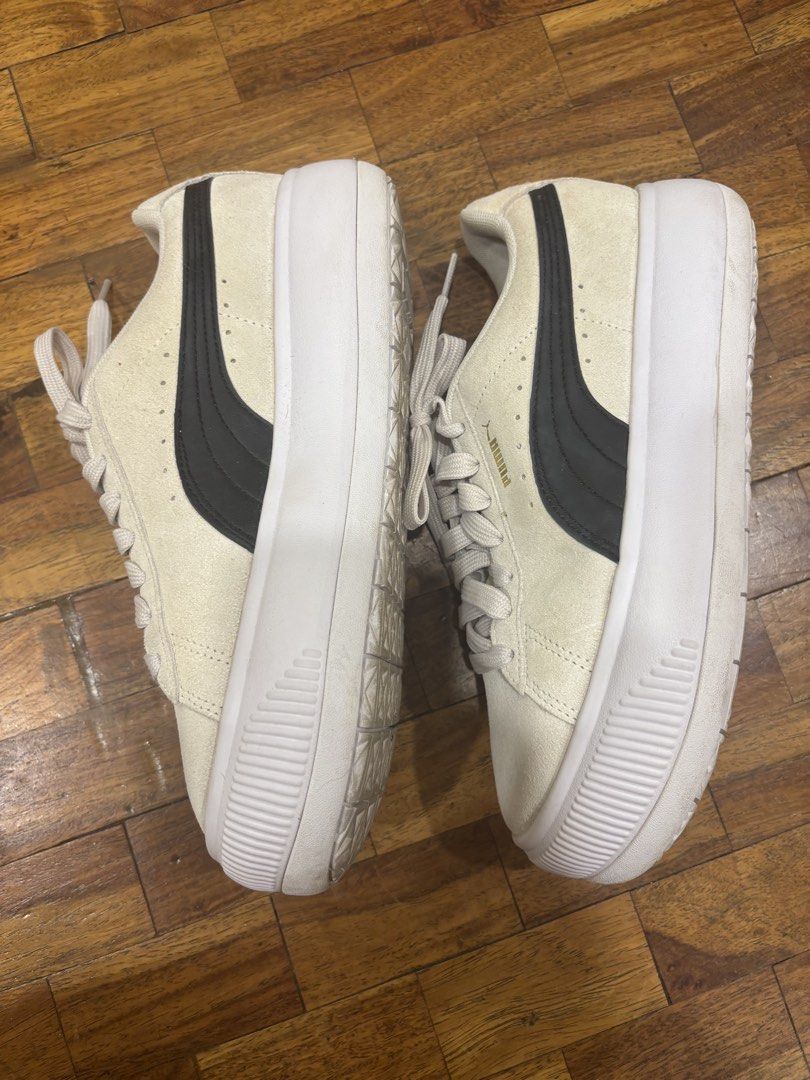 Puma Suede Platform Sneakers Beige Black Size 5 (Category: Sneakers) located in Paranaque City. Submitted by biancaboo (Listing ID 1444332604, Image 3). Description: - Puma Suede Platform Sneakers - Color: Beige with Black Puma Stripe - Size: 5 UK / 38 EUR / 24 CM - Condition: Soles show some dirt from wear and suede a bit dusty but easily cleaned. No damages to the suede. - Features: Platform sole for added height - Perfect for: Casual wear.