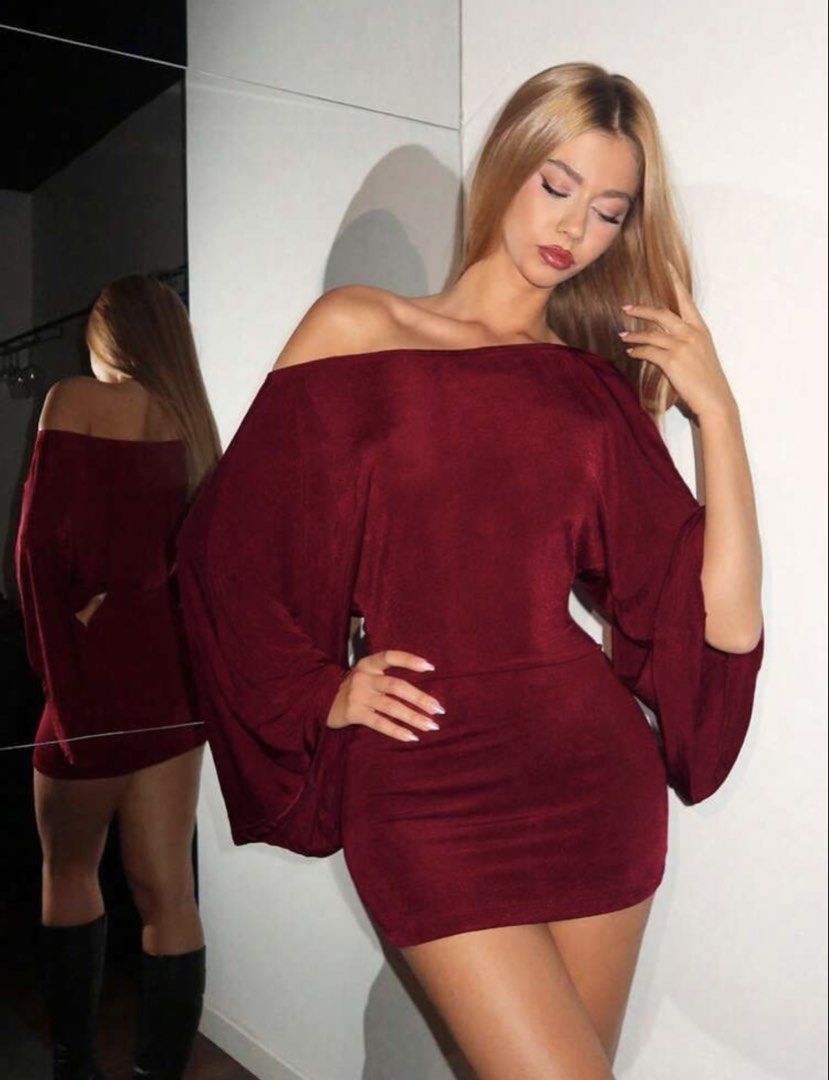 Red Off-Shoulder Batwing Sleeve Mini Dress (Category: Dresses) located in Manila. Submitted by saintd0ll (Listing ID 1444476099, Image 1). Description: i hate to let this go!!! huhu definitely my favorite dress to beat - Red mini dress - Stylish off-shoulder design - Flowy batwing sleeves NOTE: when worn is the second picture. belt is not included..