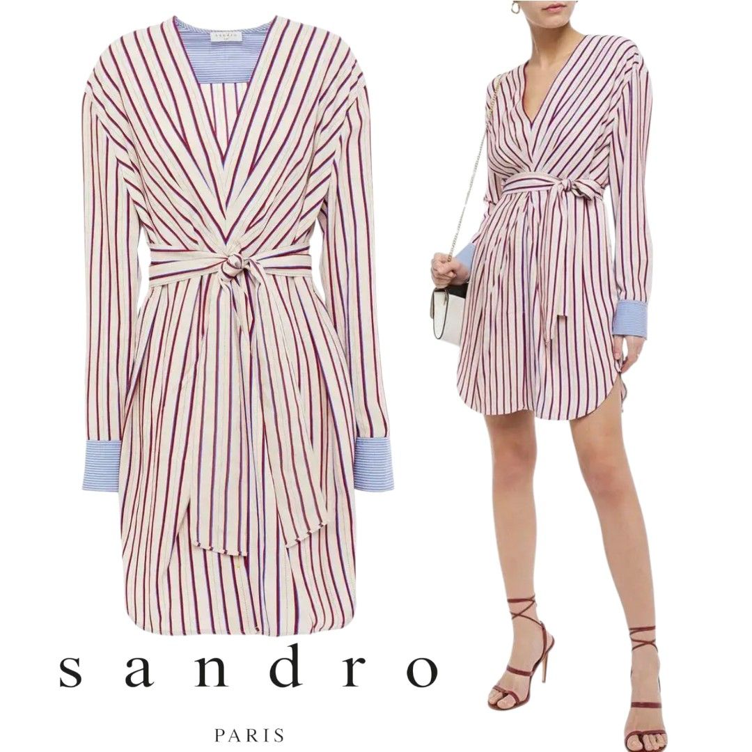 Sandro|Paige Striped Belted Mini Dress (Category: Luxury Apparel) located in Tarlac. Submitted by literallyhandpicked (Listing ID 1444381102, Image 1). Description: •Literally Handpicked for you❤️ •Direct Message if Interested 💌 •Please feel free to make an offer🤝 Size 36 on Tag Bust size 40" Waistline 32" Dress Lenght 35" •Please note that there may be slight errors as measurements are taken with the item laid flat. It is in very good conditio