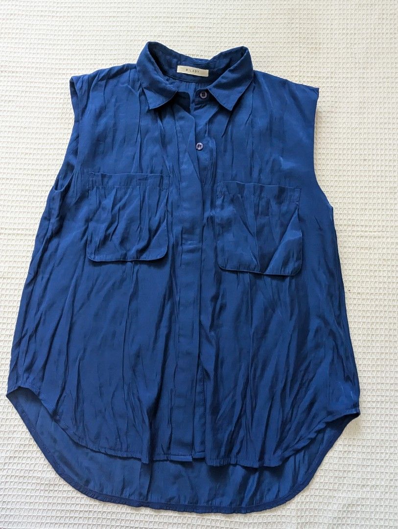 Satin Blue Pocketed Sleeveless Blouse (Category: Sleeveless) located in Binan City. Submitted by fabpanda (Listing ID 1444365822, Image 1). Description: .