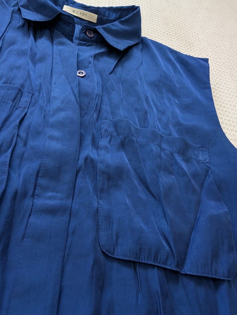 Satin Blue Pocketed Sleeveless Blouse (Category: Sleeveless) located in Binan City. Submitted by fabpanda (Listing ID 1444365822, Image 2). Description: .