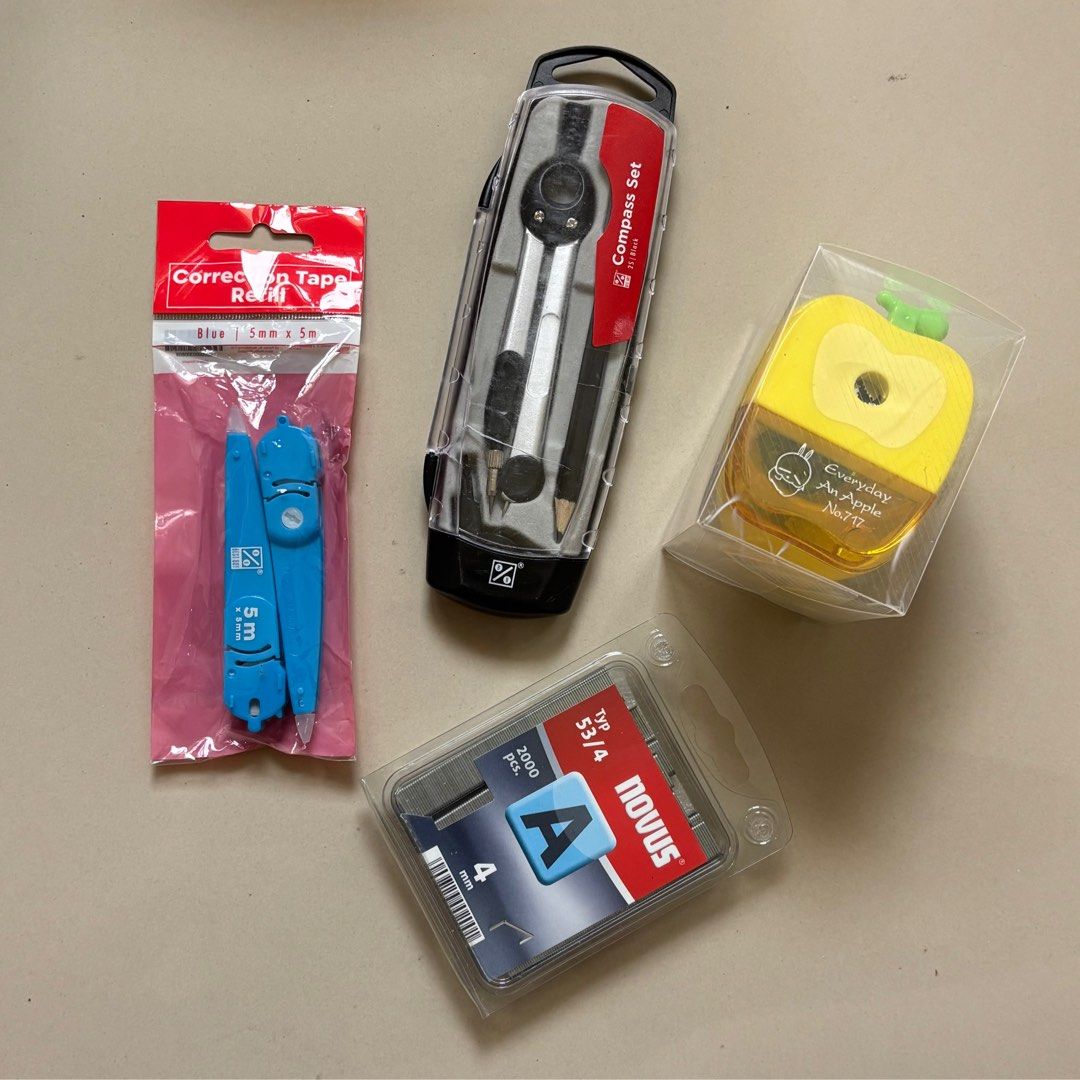 school supplies (Category: Stationery & School Supplies) located in Manila. Submitted by lavieelle (Listing ID 1444325838, Image 1). Description: - brand new, sealed school supplies - take all for 200 ‼️ - compass set from national book store - desktop manual sharpener - 2000pcs stapler tacker wires - correction tape refills - last price posted ‼️ - rfs: decluttering.