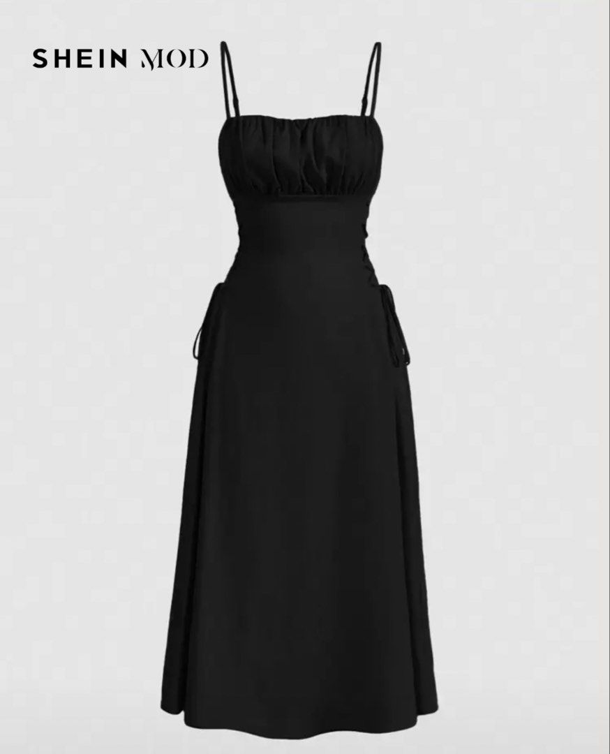 SHEIN MOD Black Ruched Long Dress (Category: Dresses) located in Santo Domingo. Submitted by tr3asure_trove (Listing ID 1444367370, Image 1). Description: Location: Ilocos Sur - SHEIN MOD Black Dress - Ruched bust detail - Adjustable spaghetti straps - Side tie details on skirt RFS: Decluttering Used twice. Fits small to medium. Adjustable on waist area. MOP: Payment first policy through BDO bank transfer or GoTyme. No COD. MOD: J&T Express. Ship