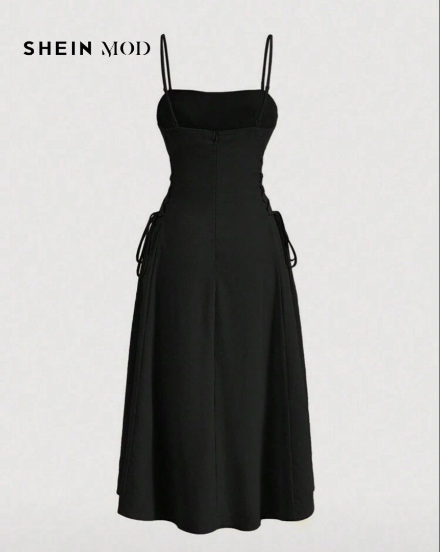 SHEIN MOD Black Ruched Long Dress (Category: Dresses) located in Santo Domingo. Submitted by tr3asure_trove (Listing ID 1444367370, Image 2). Description: Location: Ilocos Sur - SHEIN MOD Black Dress - Ruched bust detail - Adjustable spaghetti straps - Side tie details on skirt RFS: Decluttering Used twice. Fits small to medium. Adjustable on waist area. MOP: Payment first policy through BDO bank transfer or GoTyme. No COD. MOD: J&T Express. Ship