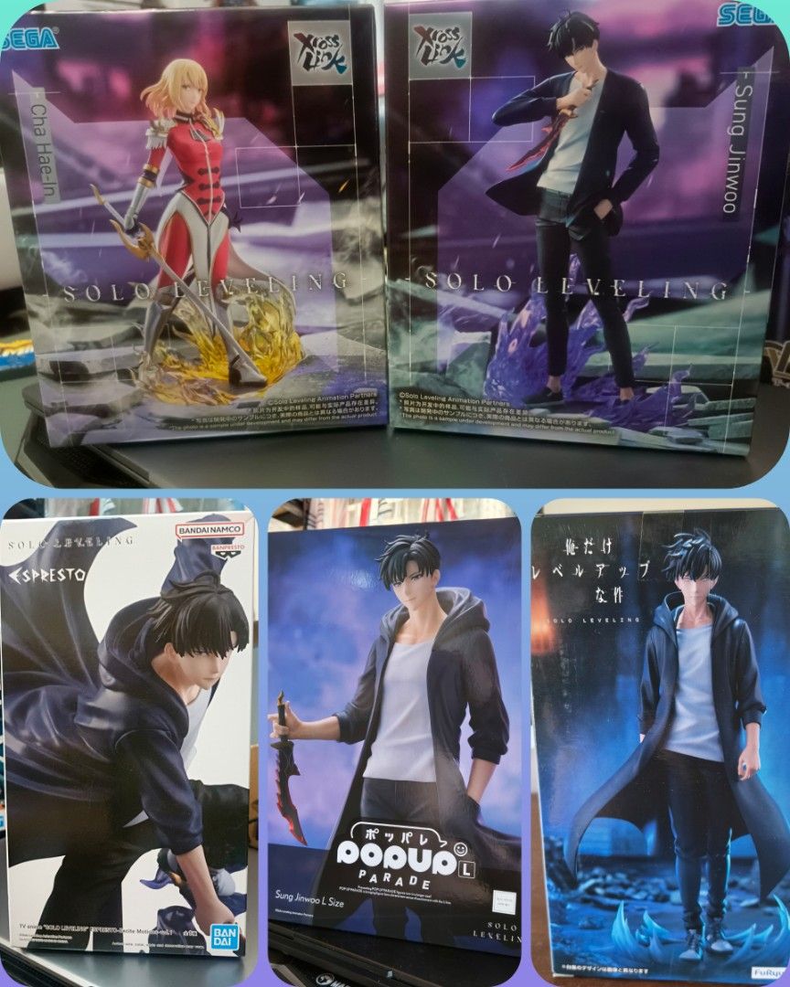 Solo Leveling Sung Jinwoo & Cha Hae-in Figures (Category: Figurines & Statues) located in Plaridel. Submitted by dragonskeep (Listing ID 1444333975, Image 1). Description: - Authentic Solo Leveling figures - Featuring Sung Jinwoo in multiple outfits (including black coat and hoodie) - Includes Cha Hae-in in her iconic red outfit - All figures are brand new and sealed in their original boxes - A must-have collectible for any Solo Leveling enthusia