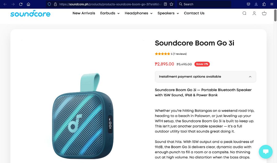 Soundcore Boom Go 3i by Anker Blue (Category: Soundbars, Speakers & Amplifiers) located in Marikina City. Submitted by mariefdv (Listing ID 1444375972, Image 3). Description: Soundcore Boom Go 3i Blue Palm-Size, 15W Powerful Sound with BassUp 2.0: This ultra-compact portable speaker packs 15W powerful output and 92 dB peak loudness. BassUp 2.0 technology produces deep, punchy bass that defies its small size—no more sacrificing sound quality for p