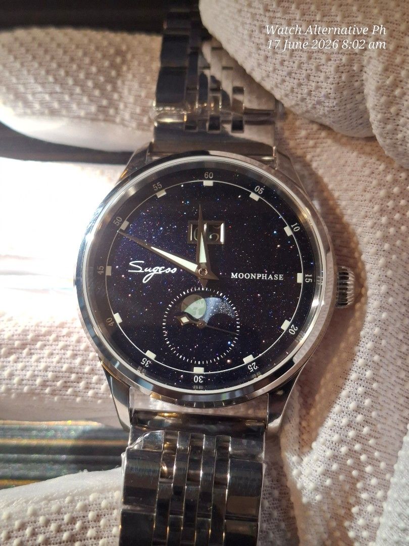 Sugess Moonphase Watch - Starry Night Dial (Category: Luxury Watches) located in Quezon City. Submitted by watchalternativeph (Listing ID 1444343040, Image 2). Description: Sugess MoonPhase Master Model SU2528STRA V3 Brand new and original Description: Uses a very reliable SeaGull ST2528 Automatic Movement 41mm diameter case All stainless steel-case and bracelet Stardust Dial that glitters like stars and MoonPhase with moon and stars that are wel