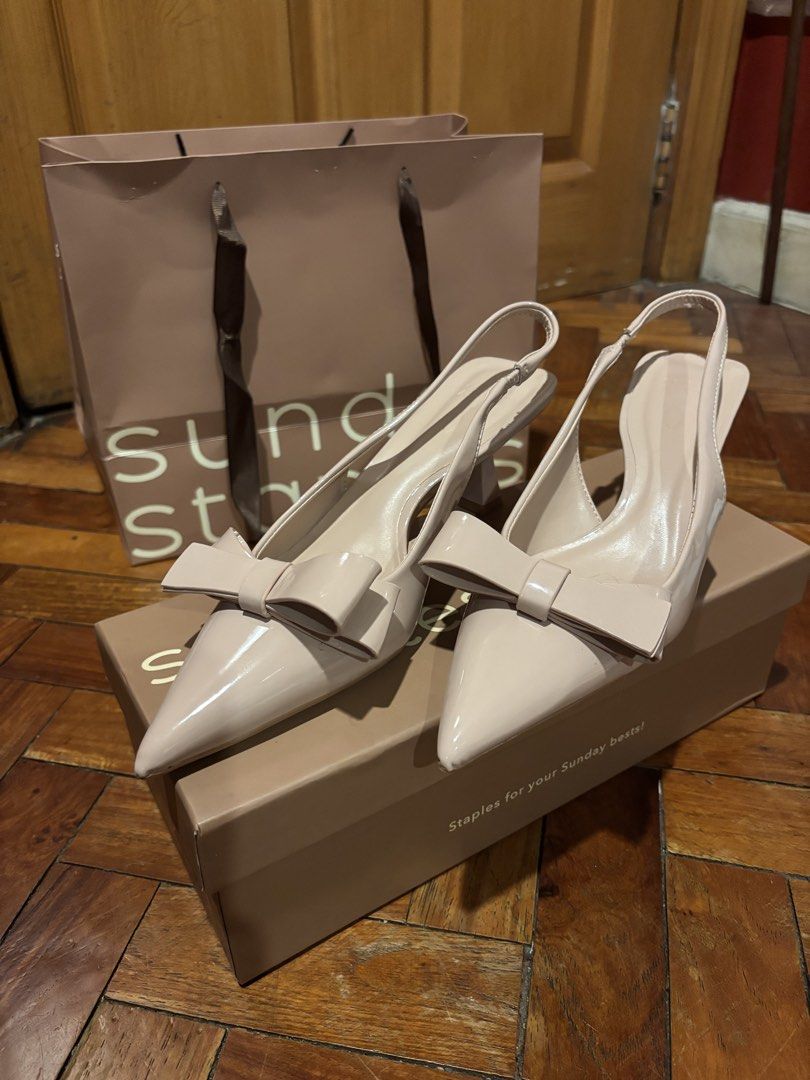 Sunday Staples Blaire Bow Slingback Kitten Heels (Category: Heels) located in Marikina City. Submitted by kimisells (Listing ID 1444462401, Image 3). Description: Sunday Staples Blaire Bow Slingback Heels in Nude Size EU 37 Heel height: 2 inches (kitten heels) Brand new with box RFS: had this bought from SG but size is too small Not available in PH branches!.