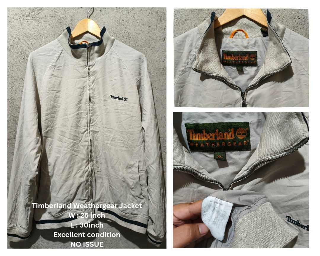 Timberland Weathergear Jacket XL Beige (Category: Coats, Jackets and Outerwear) located in Cagayan de Oro. Submitted by thrift-japanuksurplus (Listing ID 1444369761, Image 1). Description: - Timberland Weathergear Jacket - Color: Beige - Size: XL - Features embroidered Timberland logo on chest - Ribbed cuffs and hem with dark blue trim - Collar also features dark blue trim - Ideal for outdoor activities - No known issues or defects.