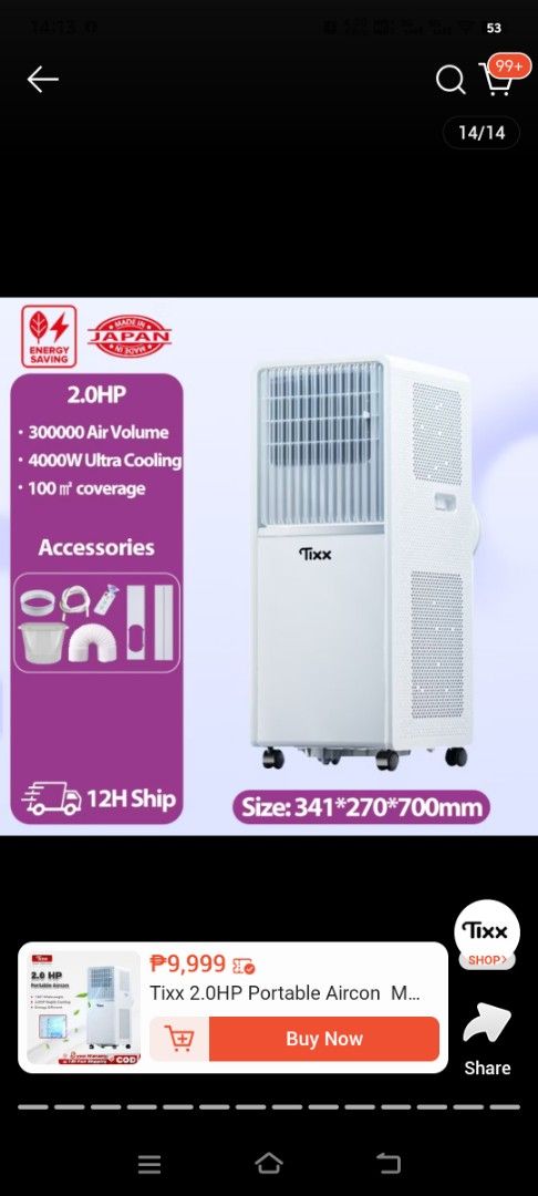 Tixx 2.0HP Portable Aircon (Category: Air Conditioning and Heating) located in Manila. Submitted by the.sa (Listing ID 1444421962, Image 2). Description: - 2.0HP Portable Aircon - with dehumidification function - 2 adjustable wind speeds - Comes with FREE accessories - Compact and space-saving design: 33.5*27*70cm - Keep your space comfortably cool!.