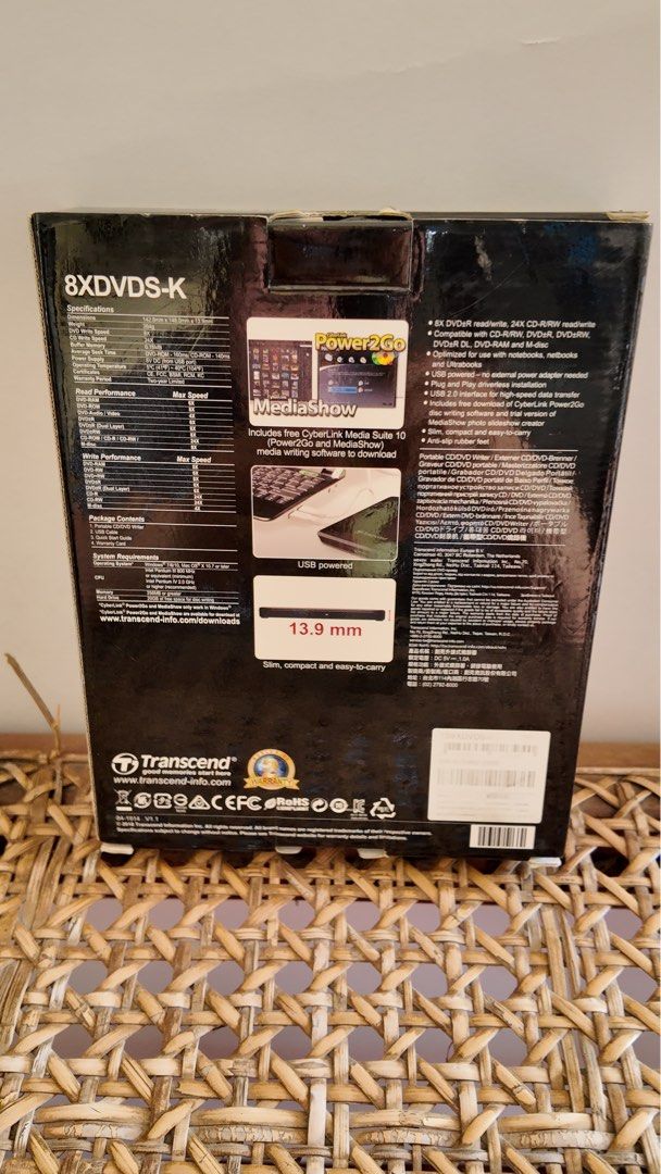 Transcend 8X Portable CD/DVD Writer 8XDVDS-K (Category: Hard Disks & Thumbdrives) located in Paranaque City. Submitted by lhenlhen0021 (Listing ID 1444445748, Image 3). Description: - Transcend 8XDVDS-K Ultra-thin Portable CD/DVD Writer - Reads DVDs at 8x, Writes DVDs at 8x - Reads CDs at 24x, Writes CDs at 24x - USB Powered - No external adapter required - Ideal for Notebooks, Netbooks, and Ultrabooks - Includes CyberLink Media Suite 10 Software
