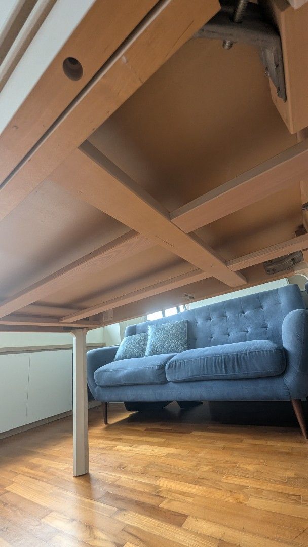 White Extendable Study Table (Category: Tables & Sets) located in Singapore. Submitted by viewtwooffer (Listing ID 1444329235, Image 1). Description: - Extendable white study table - Visible wood grain detail - Ideal for small spaces or when hosting guests - Easy to clean surface.
