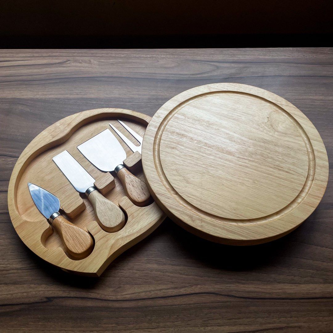 Wooden Cheese Board and Knife Set (Category: Knives & Chopping Boards) located in Quezon City. Submitted by abetano (Listing ID 1444389474, Image 1). Description: Wooden Cheese Board Set All brand new ₱750 per set 90 sets available Wrapped and comes with a box.
