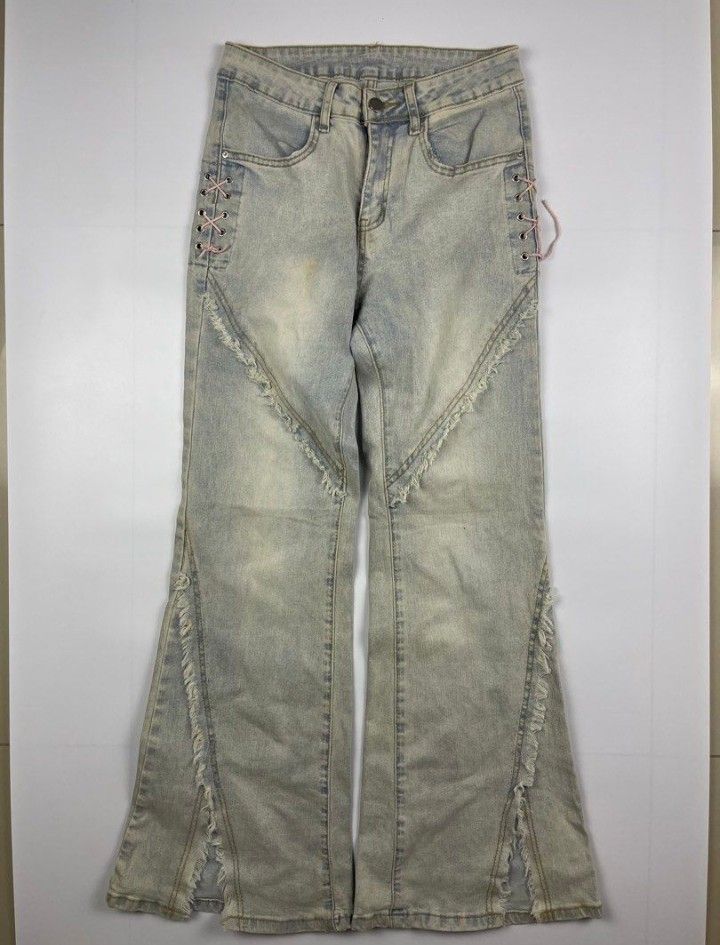 Y2K Distressed Pink Lace Gray Flare Pants (Category: Jeans) located in Santa Rosa. Submitted by bgcoded (Listing ID 1444478148, Image 1). Description: has a minor yellowish stain, barely noticeable ww (see pictures for ref) waist: approx 27 in. hips: 30 in. length: 40 in..