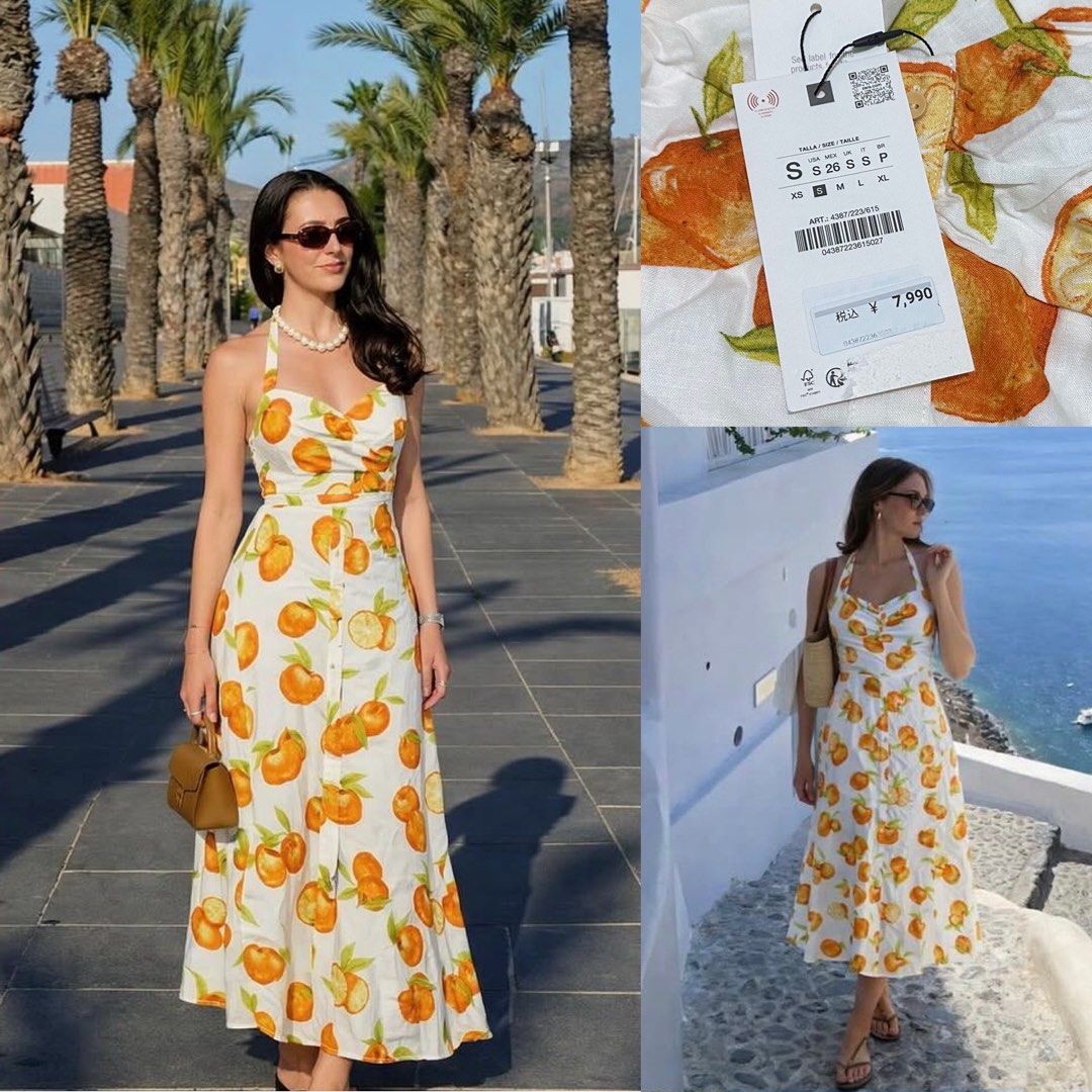 ZARA Orange Fruit Printed Linen Blended Halter Dress (Category: Dresses) located in Manila. Submitted by ccollection_ (Listing ID 1444453950, Image 1). Description: Small on Tag, fits up medium size bodyframe .