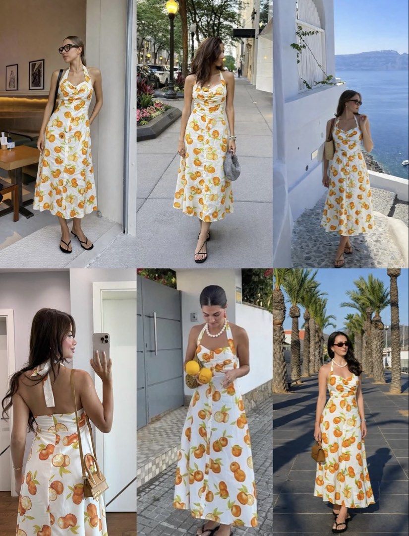 ZARA Orange Fruit Printed Linen Blended Halter Dress (Category: Dresses) located in Manila. Submitted by ccollection_ (Listing ID 1444453950, Image 2). Description: Small on Tag, fits up medium size bodyframe .