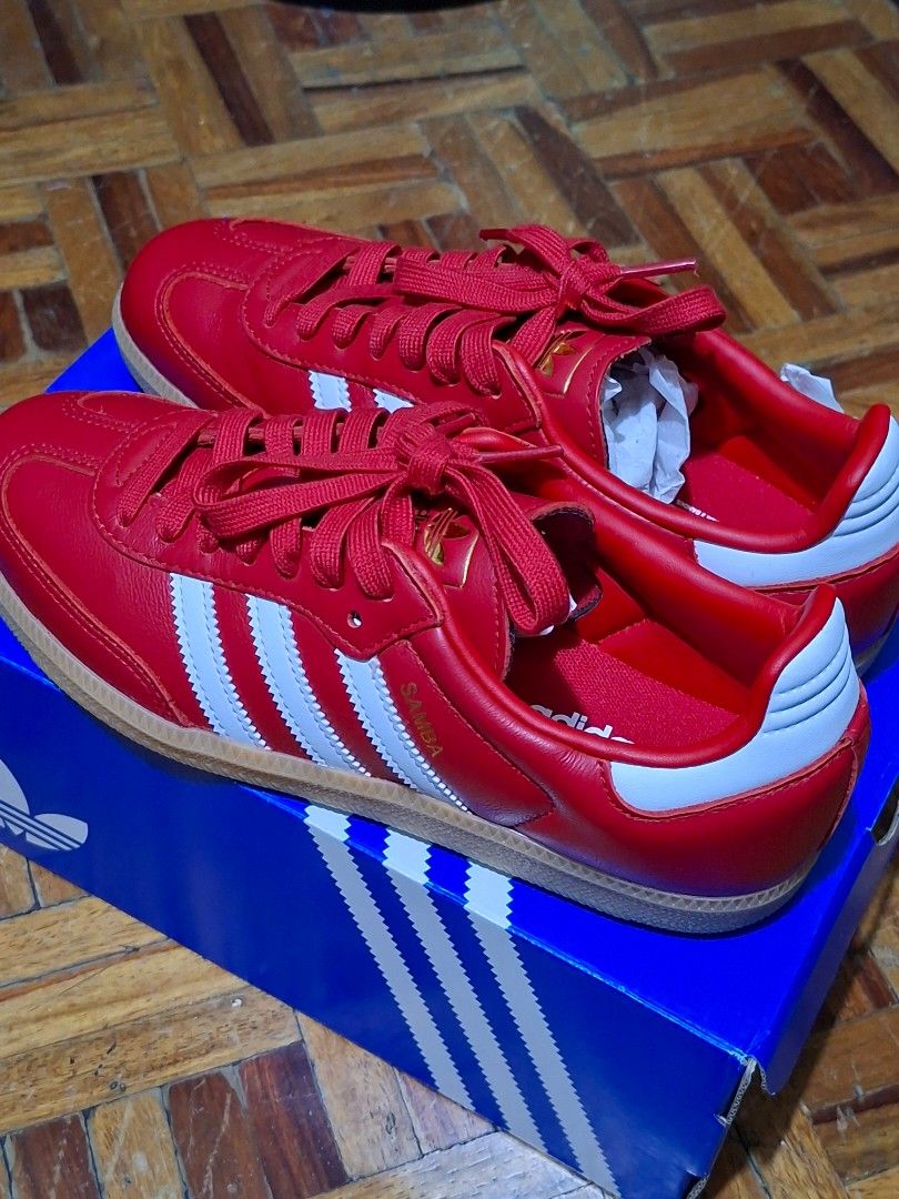 Adidas Samba OG Red White Gum Sole (Category: Sneakers) located in Manila. Submitted by findingdivishop (Listing ID 1444508041, Image 1). Description: new not used malaki gift lang - Classic Adidas Samba OG sneakers - Vibrant bright red leather with iconic white stripes - Durable gum sole for classic look and grip - Includes original box - Ideal for everyday casual wear or making a fashion statement.