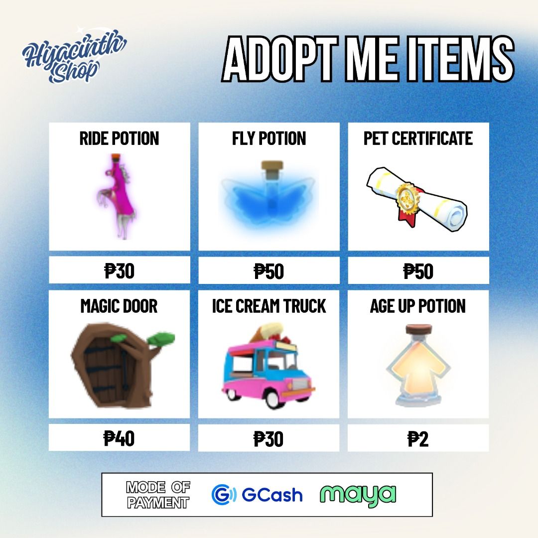 ADOPT ME ITEMS Ride Potion, Fly Potion, Pet Certificate, Magic Door, etc. (Category: In-Game Products) located in Caloocan City. Submitted by playwithhyacinth (Listing ID 1444588447, Image 1). Description: ADOPT ME ITEMS Ride Potion, Fly Potion, Pet Certificate, Magic Door, etc..