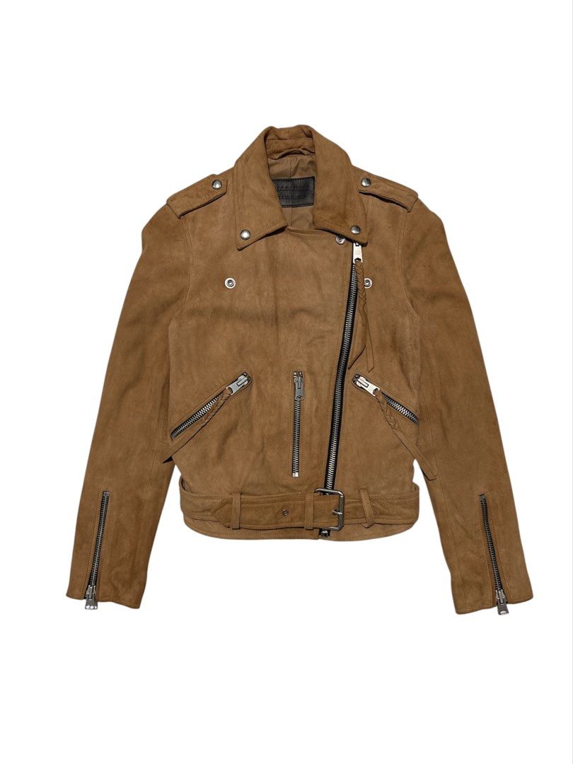 AllSaints Balfern Suede Leather Biker Jacket (Category: Coats, Jackets and Outerwear) located in Cagayan de Oro. Submitted by thatsdopethrift (Listing ID 1444535377, Image 1). Description: Authentic AllSaints Balfern asymmetrical suede biker jacket in tan brown. Classic heavy-hardware moto style with a built-in waist belt, shoulder epaulettes, and multiple functional zip pockets. Please note there are some natural dark spots and water/liquid wear