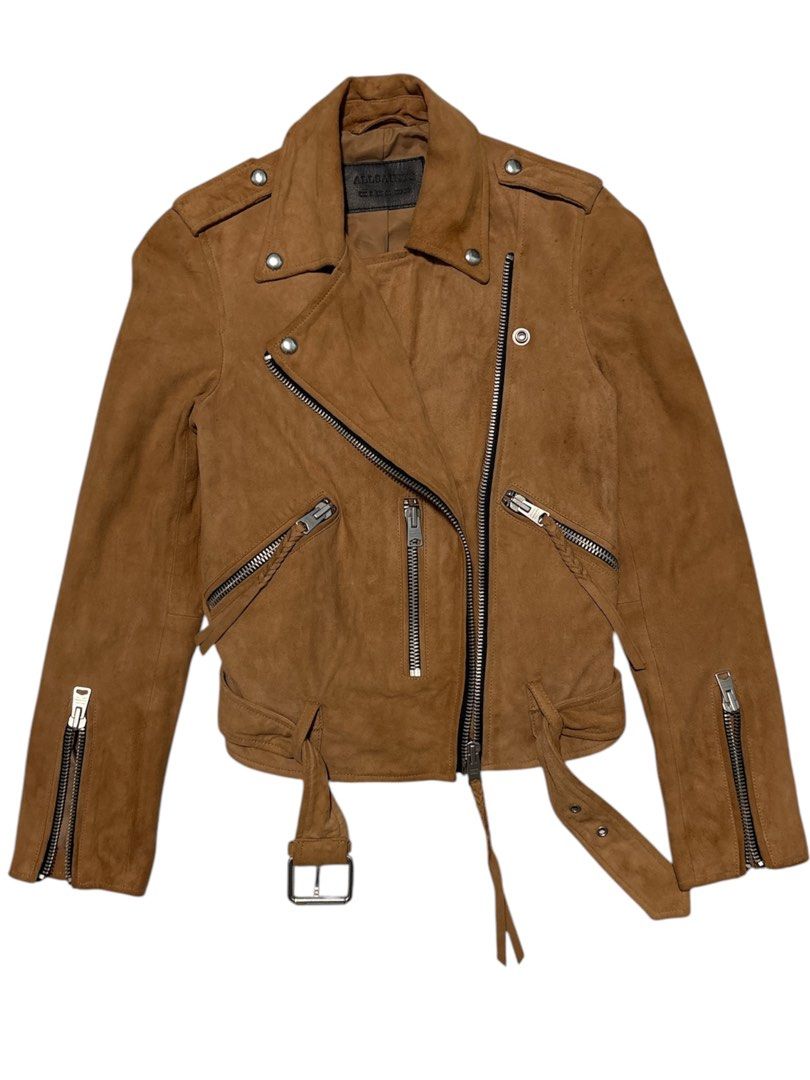 AllSaints Balfern Suede Leather Biker Jacket (Category: Coats, Jackets and Outerwear) located in Cagayan de Oro. Submitted by thatsdopethrift (Listing ID 1444535377, Image 3). Description: Authentic AllSaints Balfern asymmetrical suede biker jacket in tan brown. Classic heavy-hardware moto style with a built-in waist belt, shoulder epaulettes, and multiple functional zip pockets. Please note there are some natural dark spots and water/liquid wear